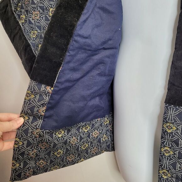 VINTAGE Japanese navy blue floral boro cloth padded kimono with‎ velvet collar - Picture 6 of 9